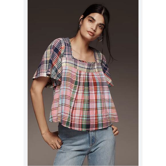 Pilcro Mixed Madras Flutter Sleeve Top - Picture 2 of 4